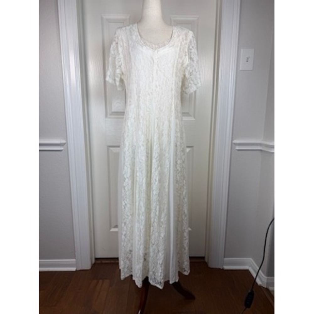 Lew Magram Vintage Ivory Floral Lace Sheer Panel Maxi Dress Women Small 90s Boho